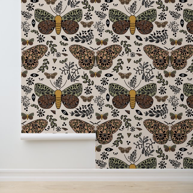 Modern Bohemian Moth Wildflowers Abstract Pattern Wallpaper (Application)