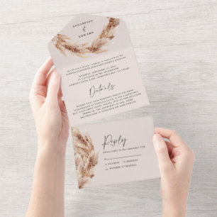 Modern bohemian natural pampas grass wedding all in one invitation
