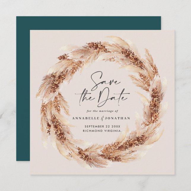 Modern bohemian natural pampas grass wedding invit invitation (Front/Back)