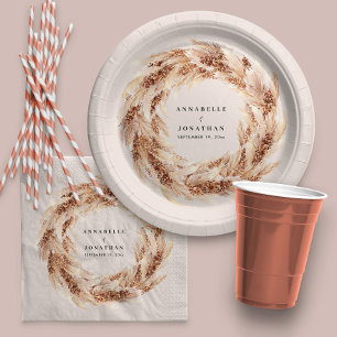 Modern bohemian natural pampas grass wedding paper plate