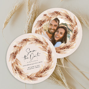 Modern bohemian natural pampas grass wedding photo invitation
