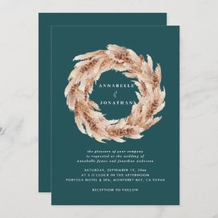 Modern bohemian natural teal pampas grass wedding invitation