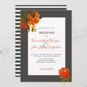Modern Bohemian Orange Grey Floral Wedding Invitation