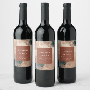 Modern bohemian painterly terracotta teal wedding wine label