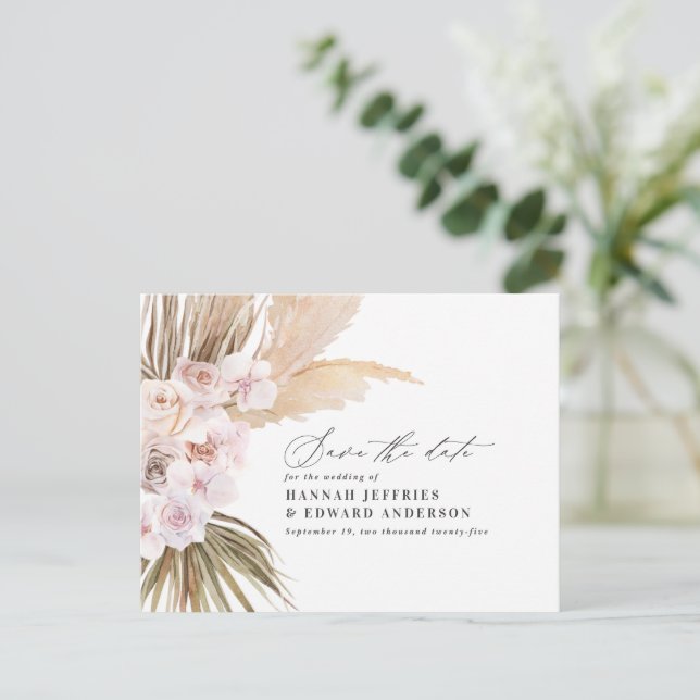 Modern bohemian pampas grass orchid wedding announ announcement postcard (Standing Front)