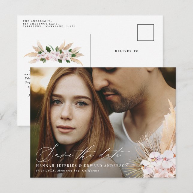 Modern bohemian pampas grass orchid wedding photo announcement postcard (Front/Back)