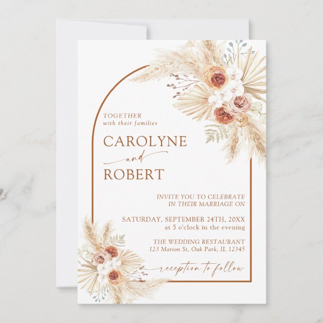 Modern Bohemian Pampas Grass Terracotta Wedding Invitation (Front)