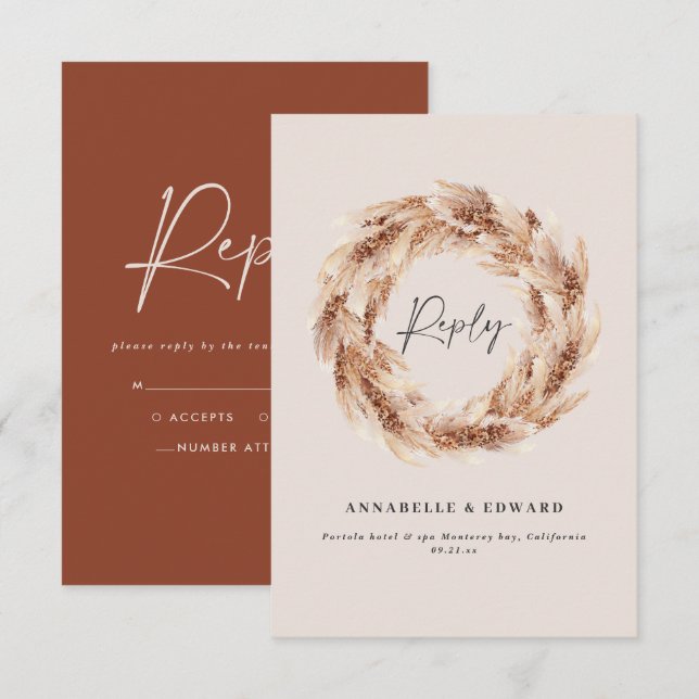 Modern bohemian rustic pampas grass wedding RSVP c Card (Front/Back)
