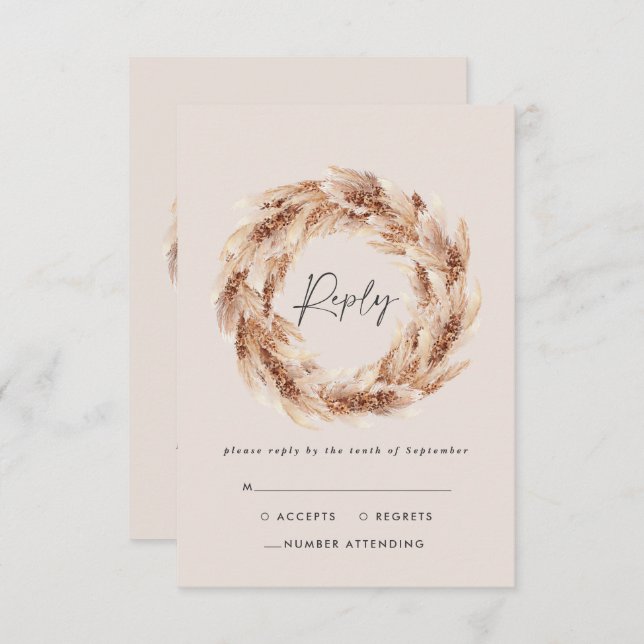 Modern bohemian rustic pampas grass wedding RSVP card (Front/Back)