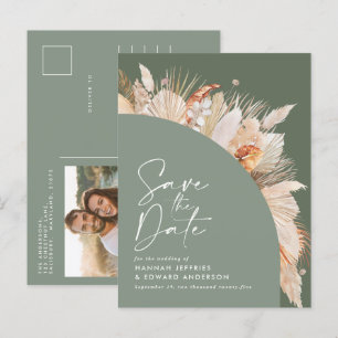 Modern Bohemian Sage Green Pampas Grass Photo Anno Announcement Postcard