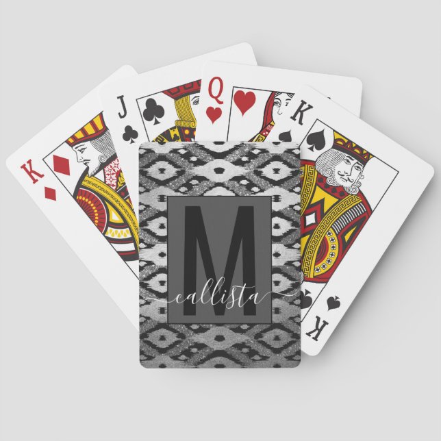 Modern Bohemian Silver Black Glitter Ikat Monogram Playing Cards (Back)