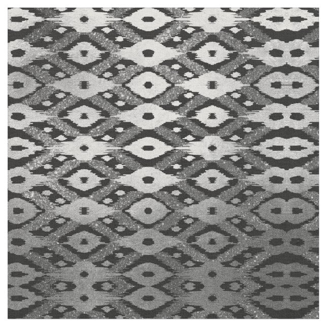 Modern Bohemian Silver Black Glitter Ikat Pattern Fabric (Close Up)