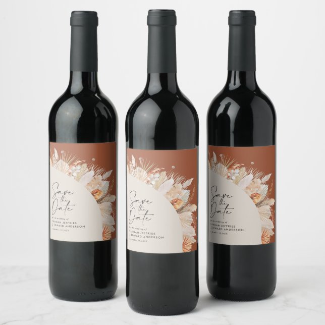 Modern bohemian terracotta pampas grass elegant wine label (Bottles)