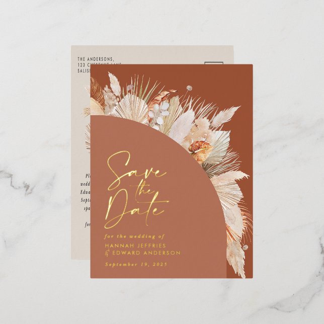 Modern bohemian terracotta pampas grass foil holiday postcard (Front/Back)