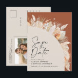 Modern bohemian terracotta pampas grass photo anno announcement postcard<br><div class="desc">Modern bohemian terracotta pampas grass stylish photo wedding save the date invitation.</div>