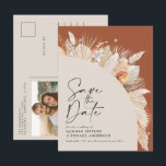 Modern bohemian terracotta pampas grass photo anno announcement postcard<br><div class="desc">Modern bohemian terracotta pampas grass stylish photo wedding save the date invitation.</div>