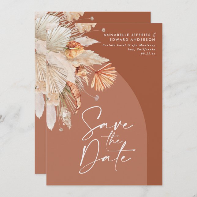 Modern bohemian terracotta pampas grass stylish sa save the date (Front/Back)