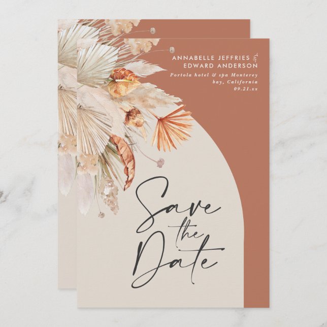 Modern bohemian terracotta pampas grass stylish save the date (Front/Back)