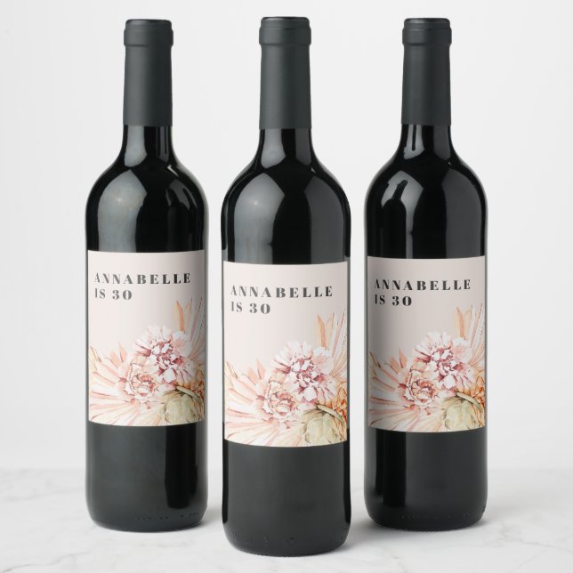Modern bohemian watercolor floral pastel birthday  wine label (Bottles)