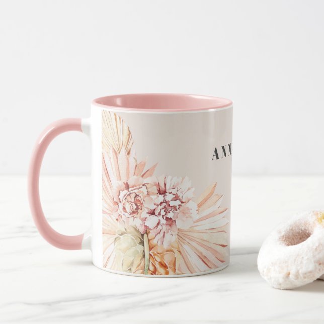 Modern bohemian watercolor floral pastel pink gift mug (With Donut)