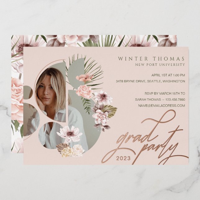 Modern Bohemian Watercolor Florals Graduate Photo (Front/Back)