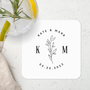 Modern Bohemian Wedding Monogram Square Paper Coaster