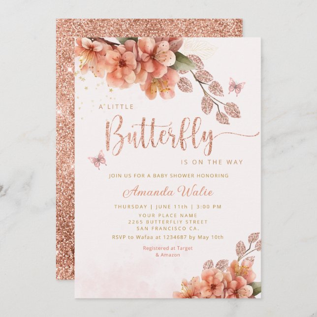 Modern Boho A Little Butterfly Girl Baby Shower  Invitation (Front/Back)