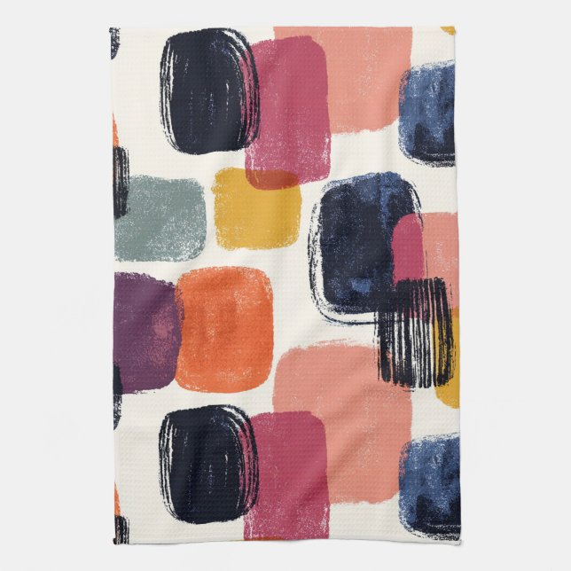 Modern Boho Abstract Brushstroke -Bold Retro Colou Tea Towel (Vertical)