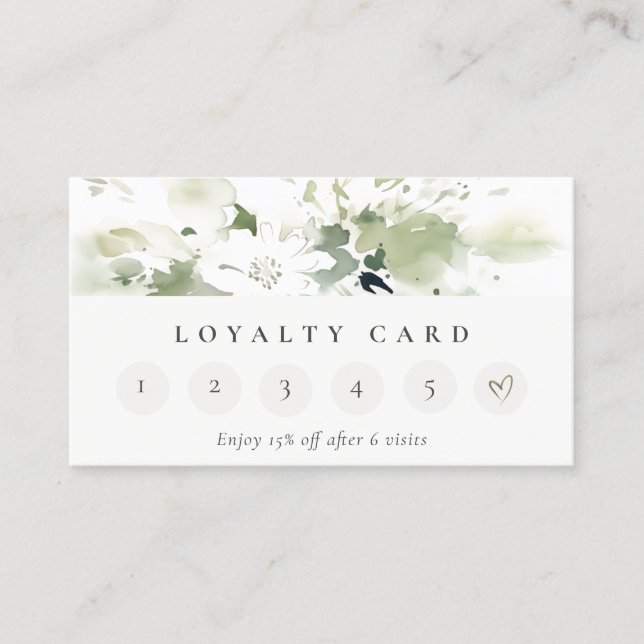 Modern Boho Abstract Green Floral 6 Punch Loyalty  Business Card (Front)
