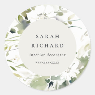 Modern Boho Abstract Green White Floral Business Classic Round Sticker