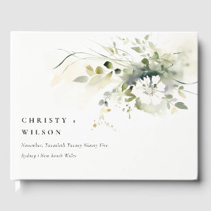 Modern Boho Abstract Green White Floral Wedding Guest Book