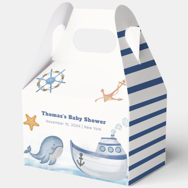 Modern Boho Ahoy Boy Whale Sailboat Baby Shower  Favour Box (Back)