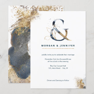 Modern boho ampersand navy and gold invitation
