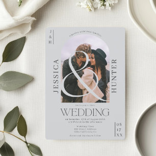 Modern boho arch 2 photos light grey wedding invitation