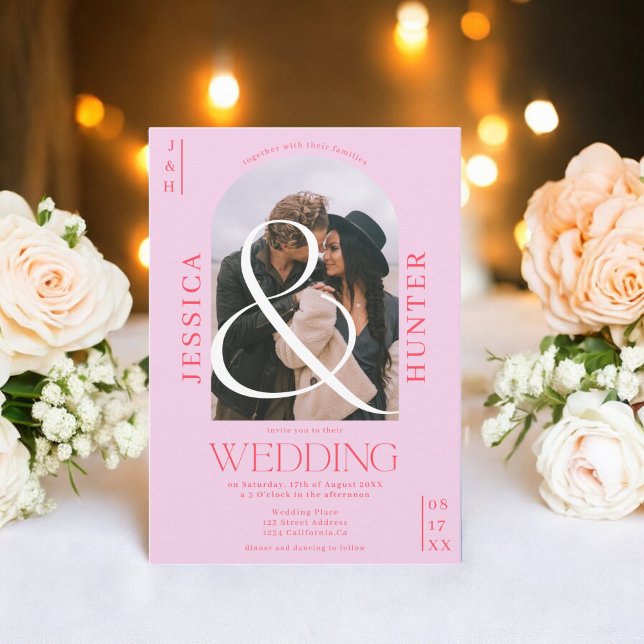 Modern boho arch 2 photos wedding retro pink invitation (Modern boho arch 2 photos wedding retro pink invitation)