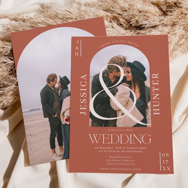 Modern boho arch 2 photos wedding terracotta invitation (Creator Uploaded)