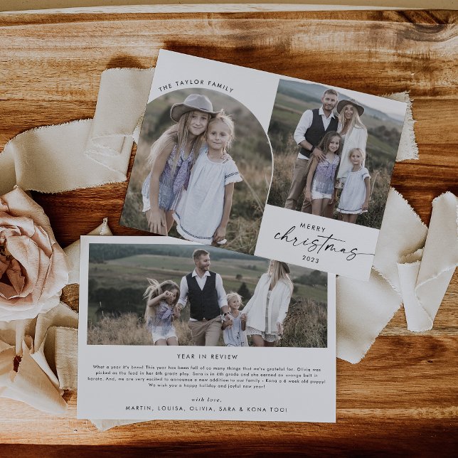 Modern Boho Arch 3 Family Photos Christmas News Ho Holiday Card (Creator Uploaded)