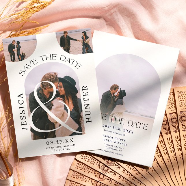 Modern boho arch 4 photos wedding black white save the date (Creator Uploaded)
