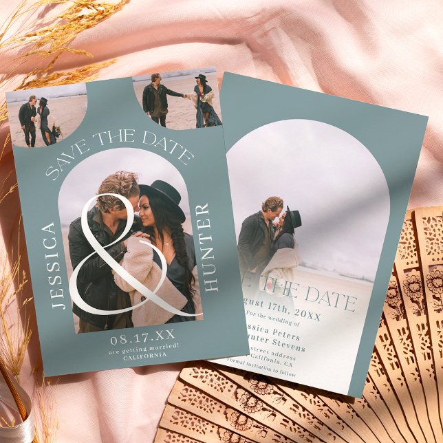 Modern boho arch 4 photos wedding dusty blue save the date (Creator Uploaded)