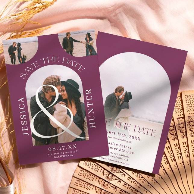 Modern boho arch 4 photos wedding purple save the date (Creator Uploaded)