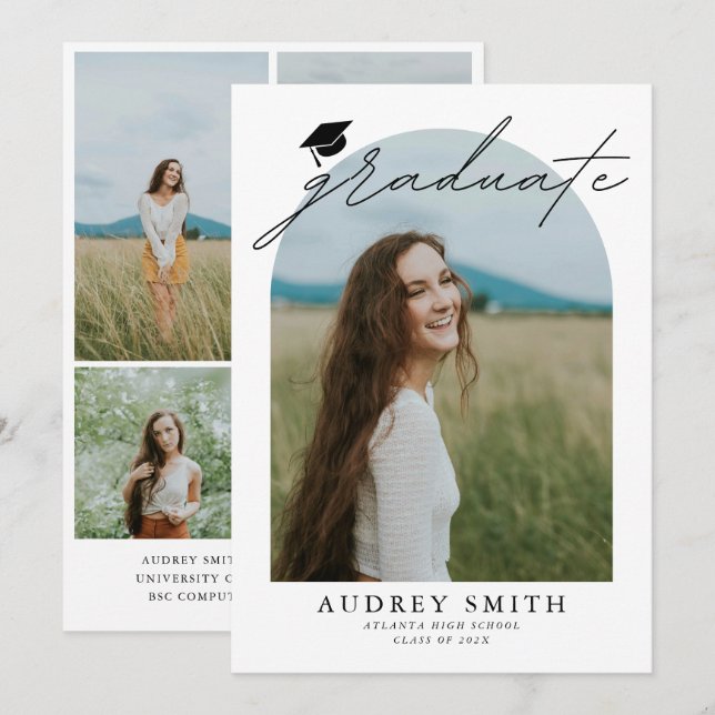 Modern Boho Arch 6 Photos Graduation Announcement (Front/Back)
