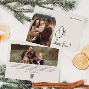 Modern Boho Arch Beige Oh What fun Two Photo Holiday Card