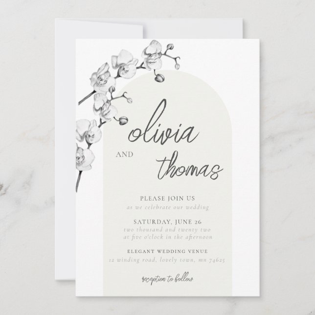 Modern Boho Arch Calligraphy Orchids Ivory Wedding Invitation (Front)