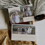 Modern Boho Arch | Cream 3 Family Photos Holiday Card<br><div class="desc">This modern boho arch cream 3 family photos holiday card is the perfect modern holiday greeting. The bohemian cream and gold design features unique industrial lettering typography with minimalist vintage style. Personalise the card with 3 photos (2 on the front and 1 on the back), your family name, first names,...</div>
