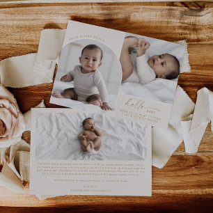 Modern Boho Arch Cream Hello Baby 3 Photo Birth Announcement