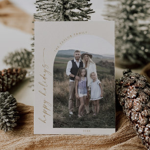 Modern Boho Arch Cream Photo Happy Holidays Holiday Card