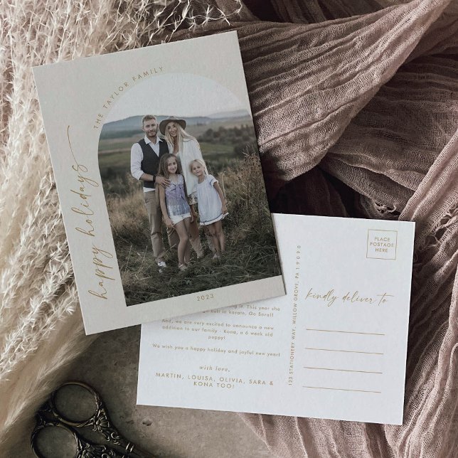 Modern Boho Arch | Cream Photo Year in Review Holiday Postcard (Creator Uploaded)