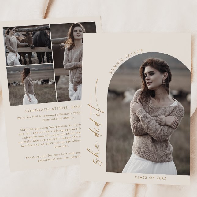 Modern Boho Arch Cream She Did It Photo Graduation Announcement (Creator Uploaded)