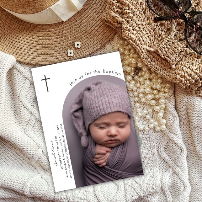 Modern Boho Arch Cross Baby Photo Baptism Invitation (Modern Boho Arch Cross Baby Photo Baptism Invitation)