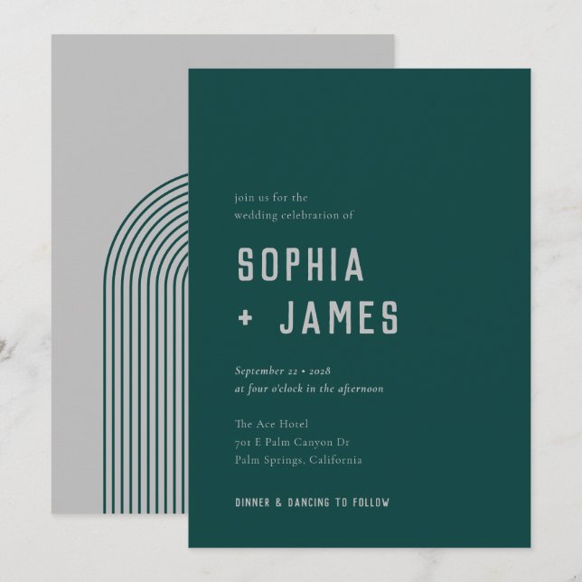 Modern Boho Arch Green Grey Typography Wedding  Invitation (Front/Back)